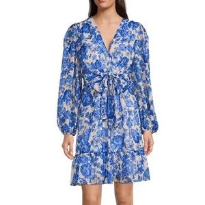NWT Alex Marie Simone Cobalt Floral Print Puff Sleeve Tiered A-Line V-neck Dress